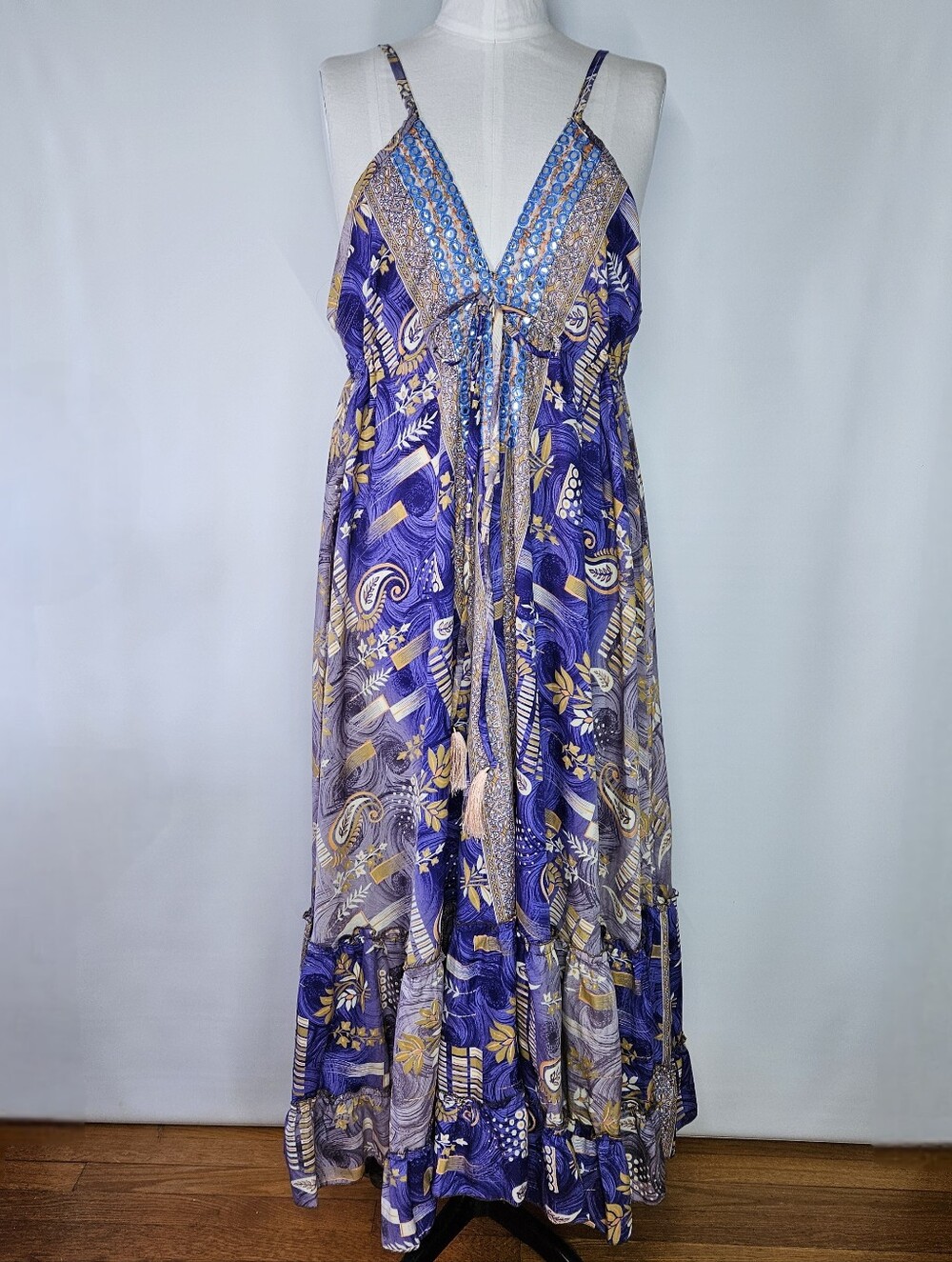 India L/XL/XXL OS Maxi Dress Bohemian V-Neck Silk Mirror Purple Backless Ruffle